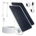 Solar panel charger kit with two dark solar panels, white mount, and long cable