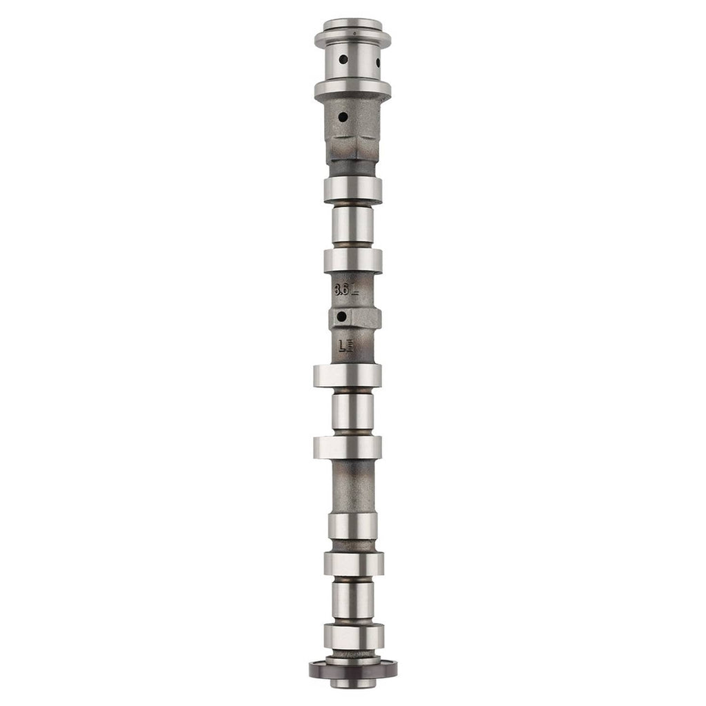 Left exhaust camshaft, upright view with machined metal lobes and end gear