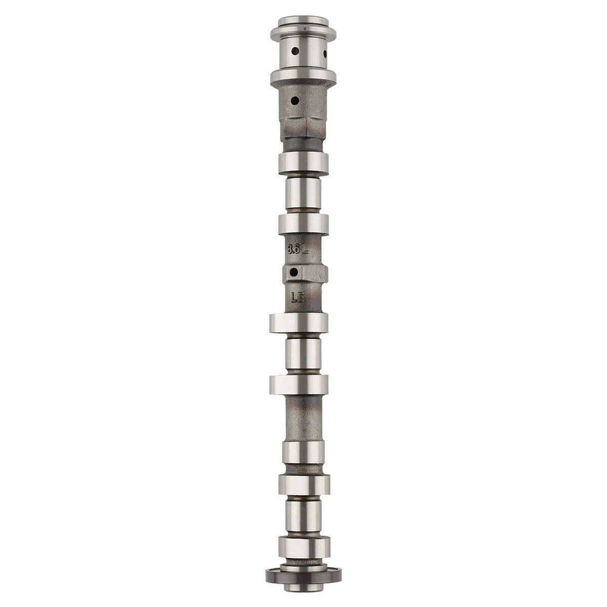 Left exhaust camshaft, upright view with machined metal lobes and end gear