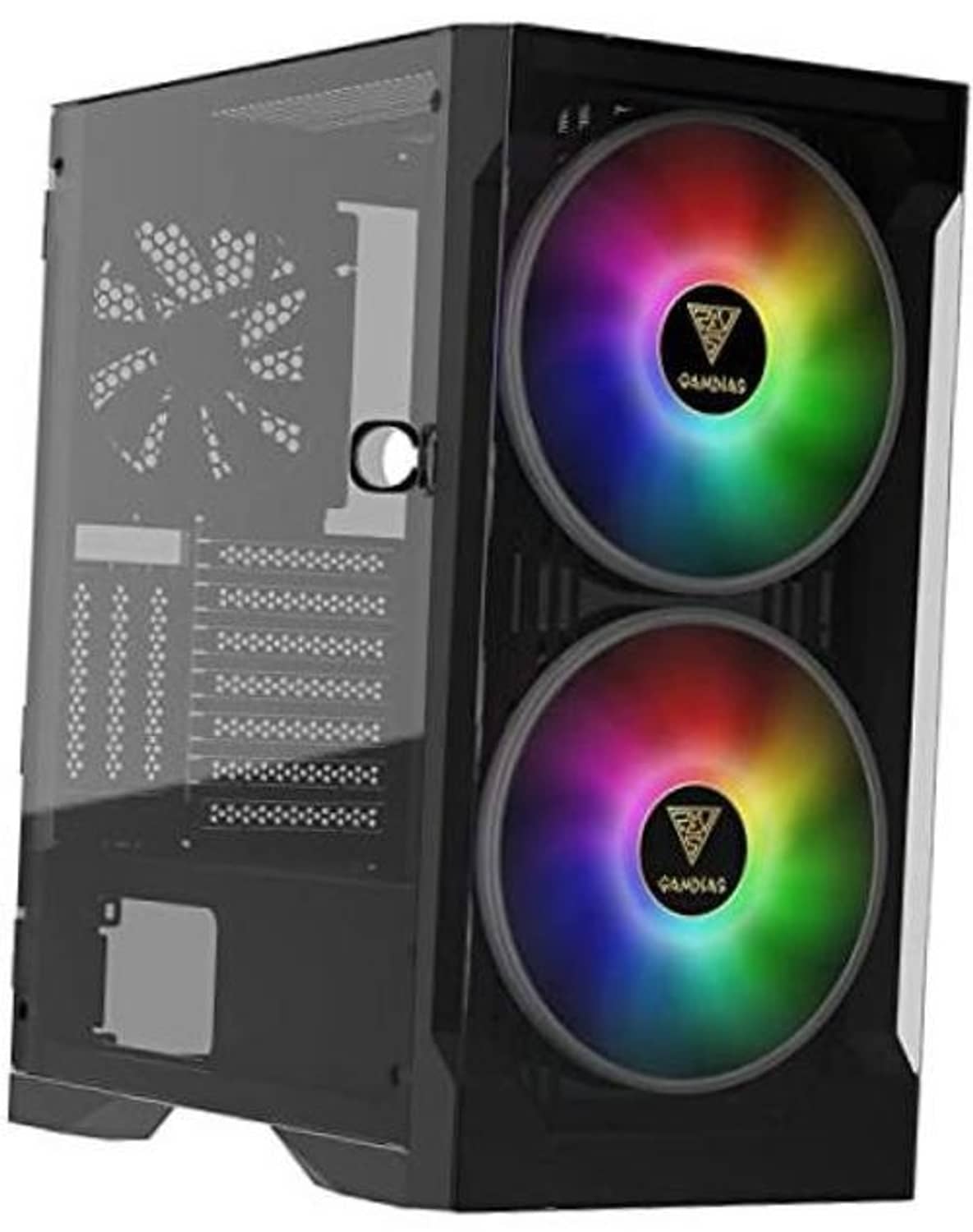Black mid-tower PC case with two RGB ARGB fans and perforated left side panel