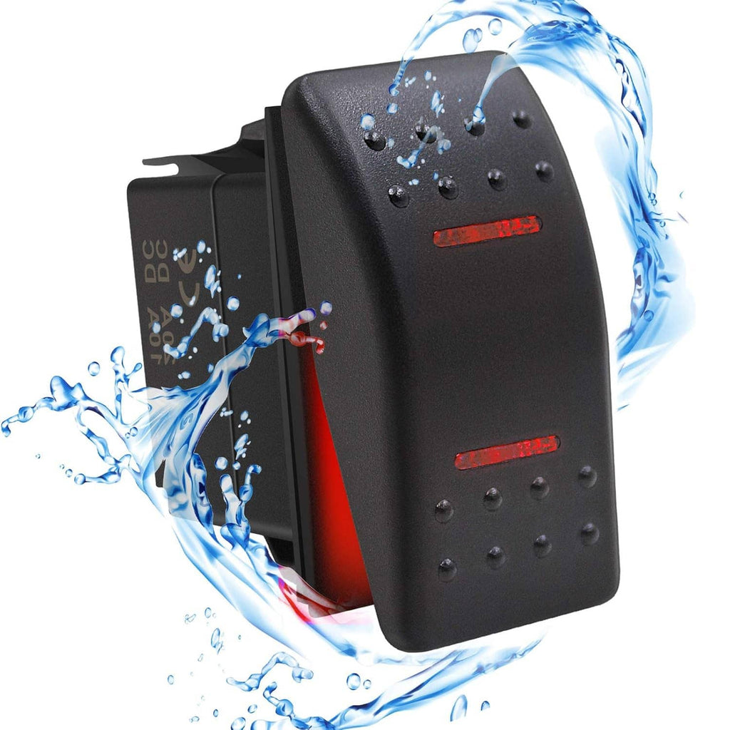 Waterproof rocker switch with red LED indicator and droplets splash on black face