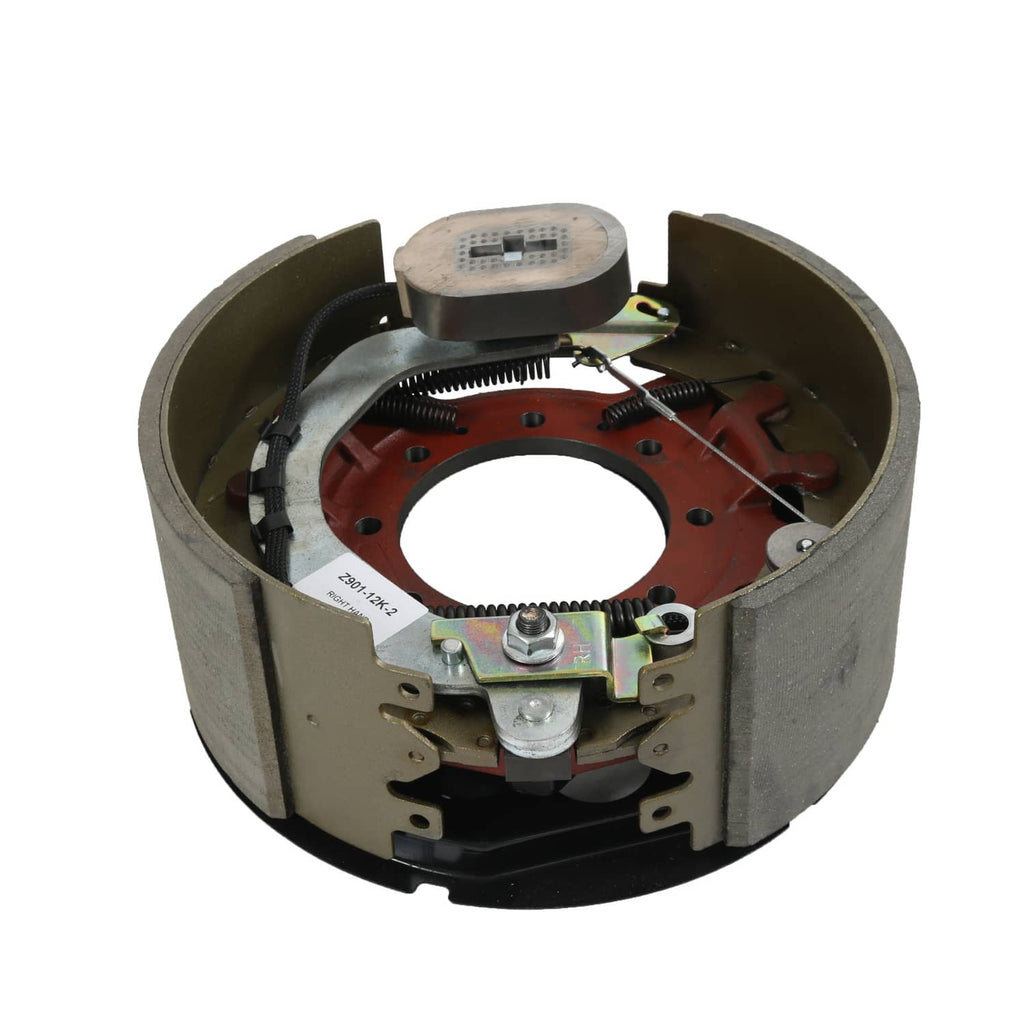 Electric trailer brake backing plate assembly, mounted components inside metal drum