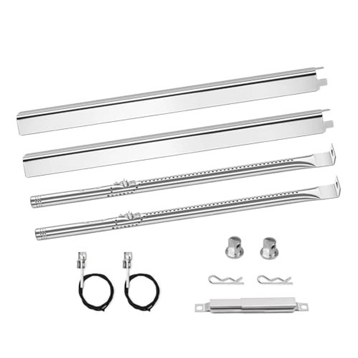 Two stainless steel burner tubes and accessories for replacement