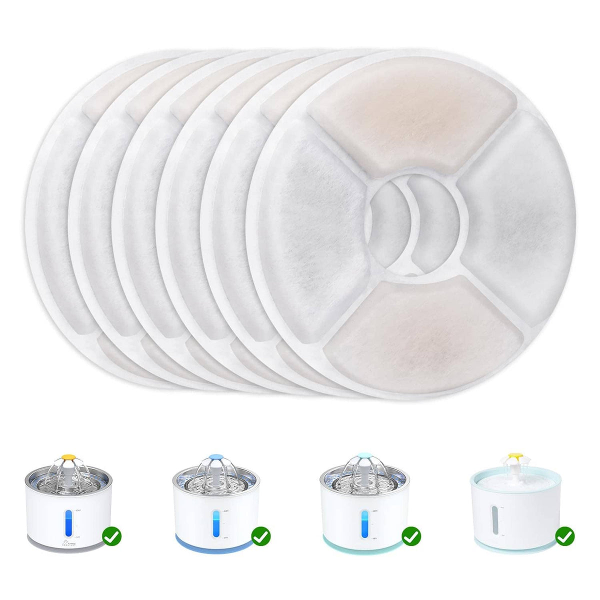 Stack of round gray replacement water filter discs with center cutout holes