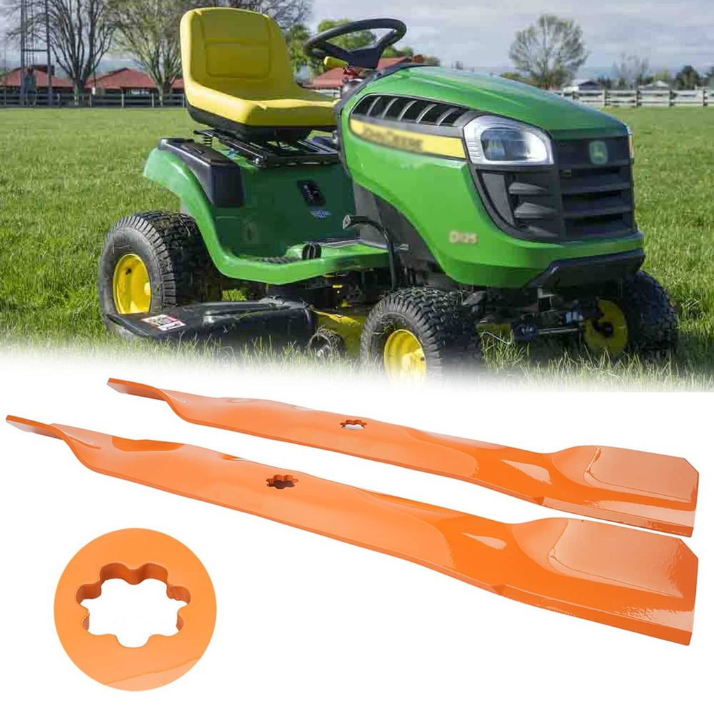 Orange deck mower blades with mounting-hole detail, shown on a riding mower