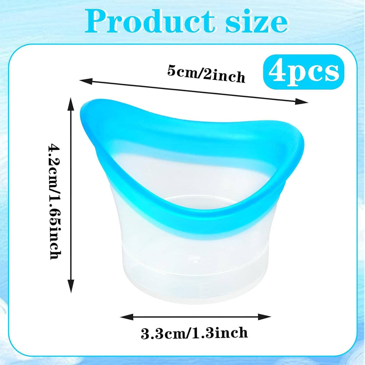 Silicone eye wash cup, blue and white, with curved rim for holding rinse liquid