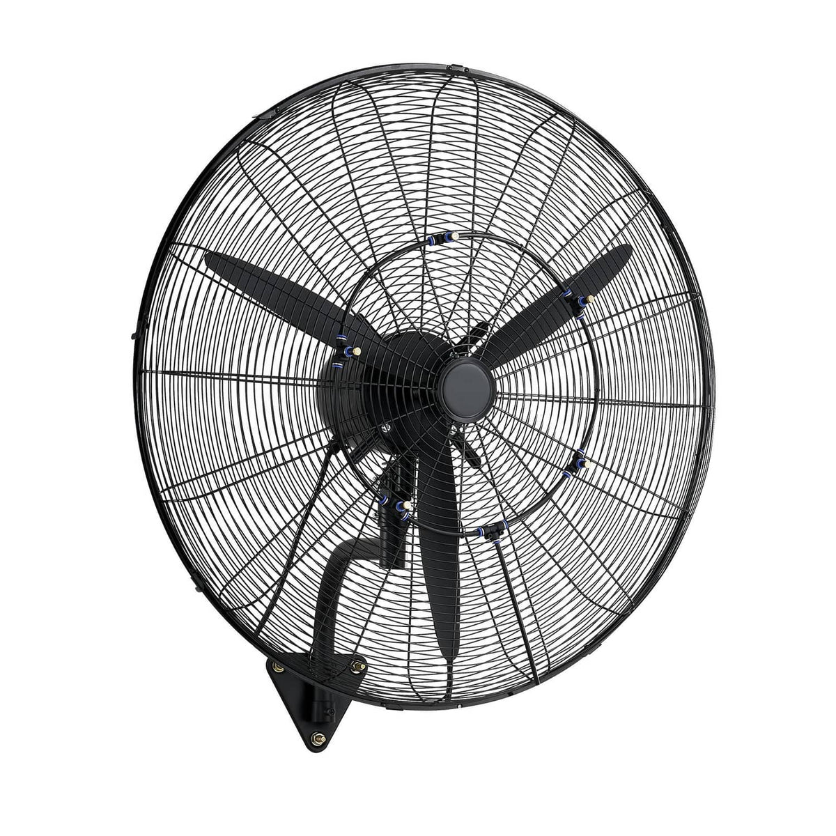 Wall fan with oscillating blades and circular wire grille, black mounting plate attached.