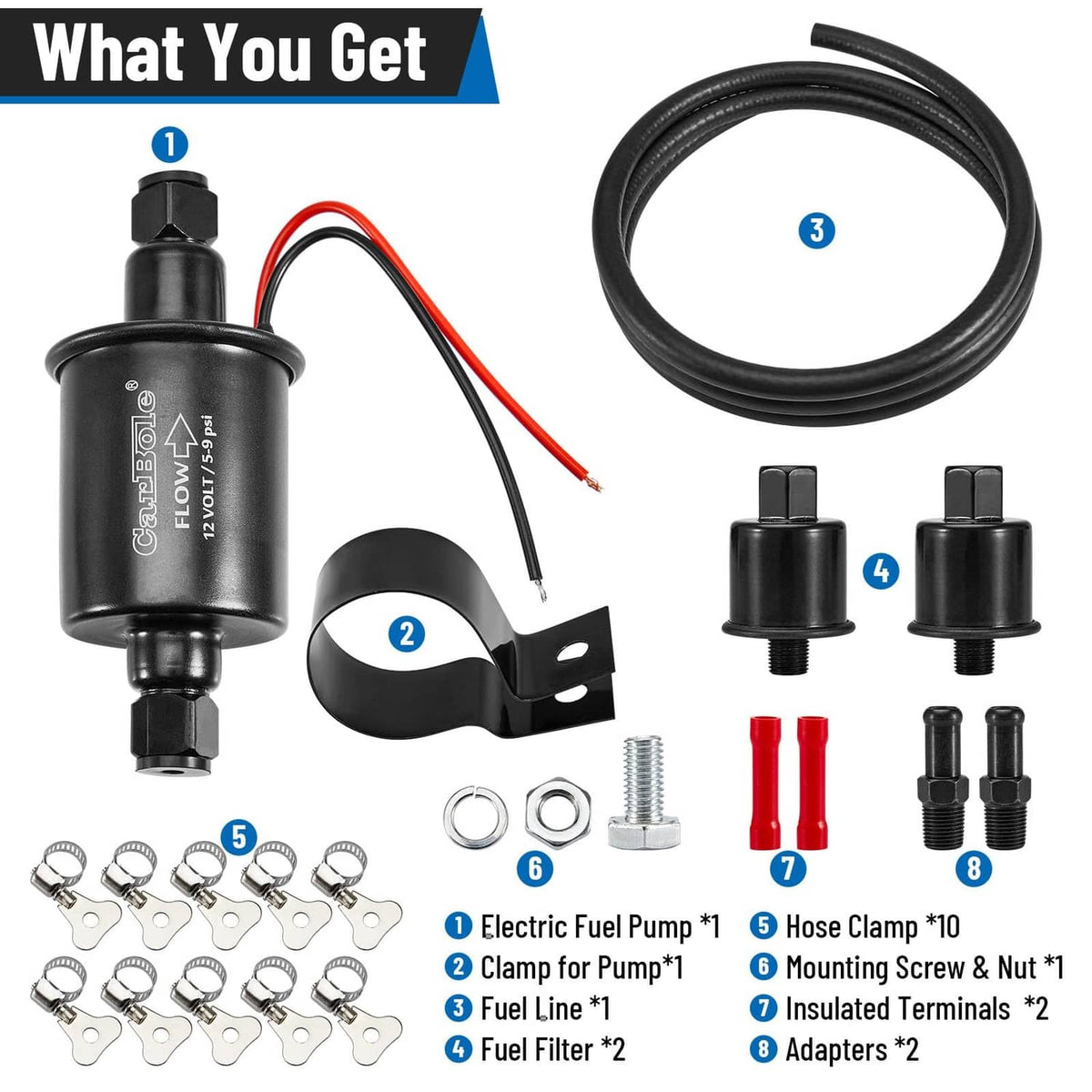 12V inline fuel pump kit with hose, two fuel filters, clamps, adapters, and screws