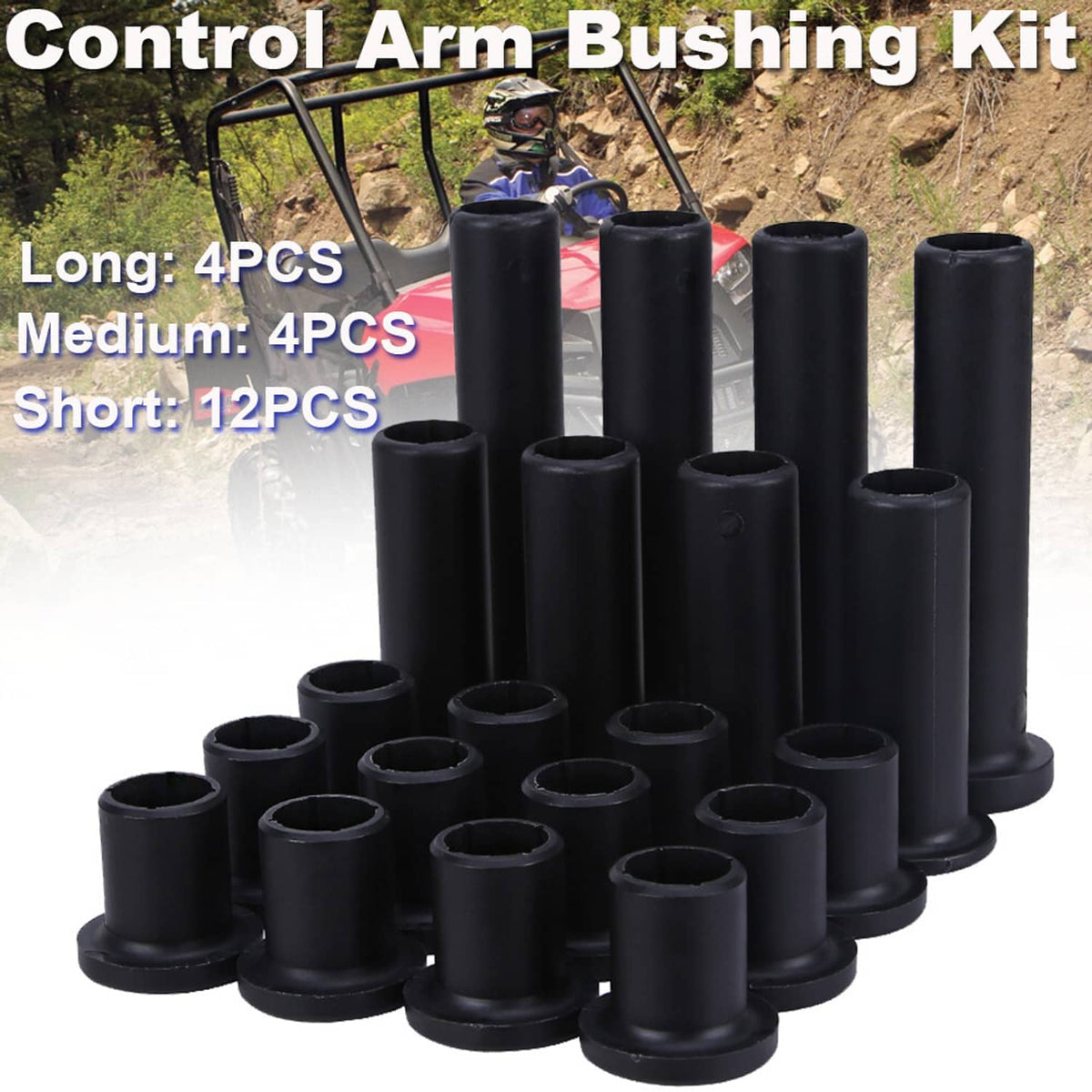 Black suspension control arm bushing kit with multiple cylindrical sleeves and bases