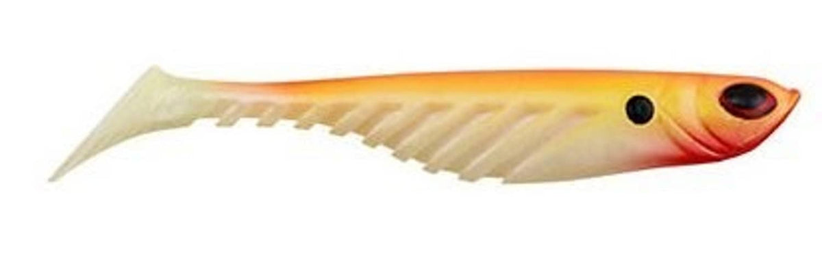 Soft plastic shad fishing bait, pale yellow body with orange head and dark eye