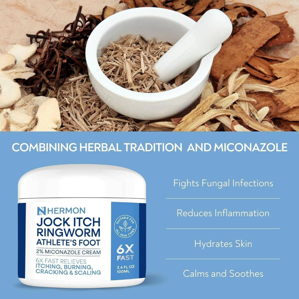 Hermon Jock Itch antifungal cream jar with blue label, next to white mortar