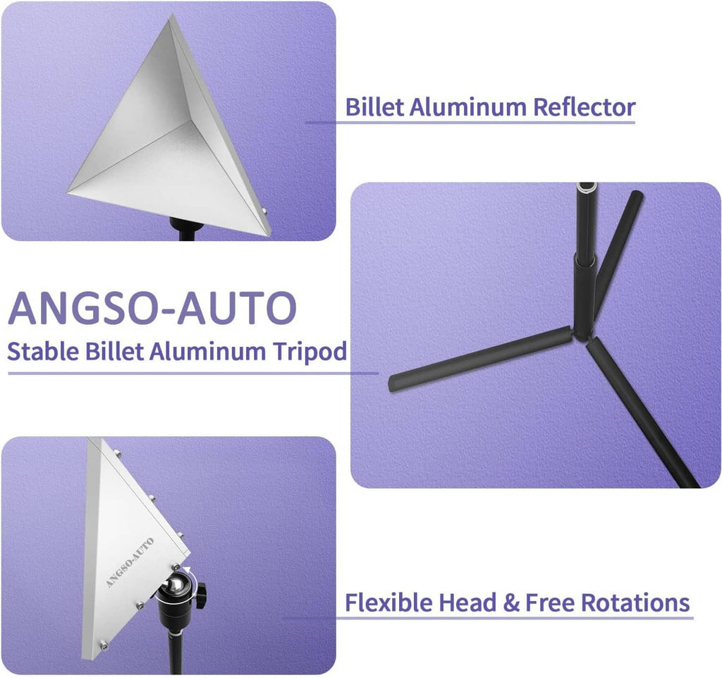 Silver triangular reflector head with stable black tripod stand and angled support arms