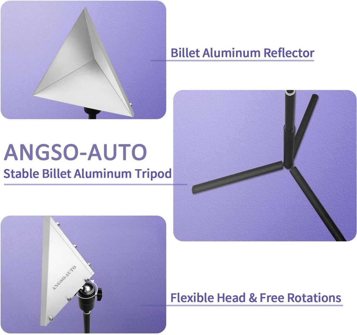 Silver triangular reflector head with stable black tripod stand and angled support arms