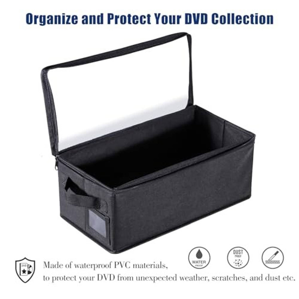 Black fabric DVD storage box with clear window lid open and front label pocket