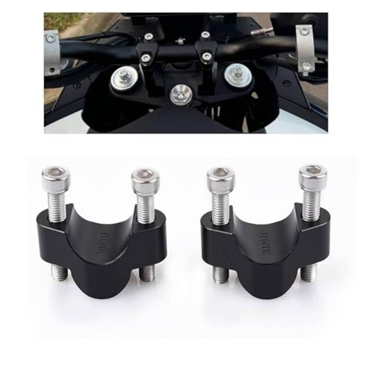 Black motorcycle handlebar riser clamps, two U-brackets with four mounting bolts