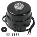 Black condenser fan motor with mounting bracket, power wires, and screws included