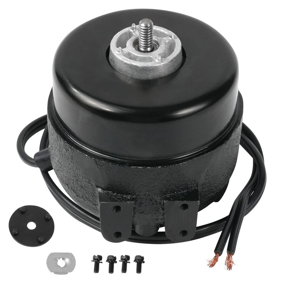 Black condenser fan motor with mounting bracket, power wires, and screws included