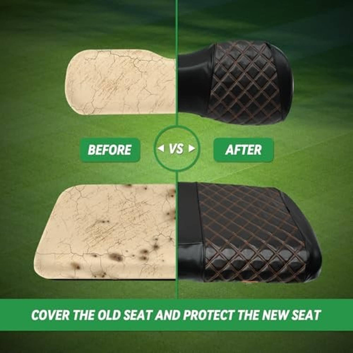 Golf cart seat cover showing black diamond quilting with brown accents over the seat