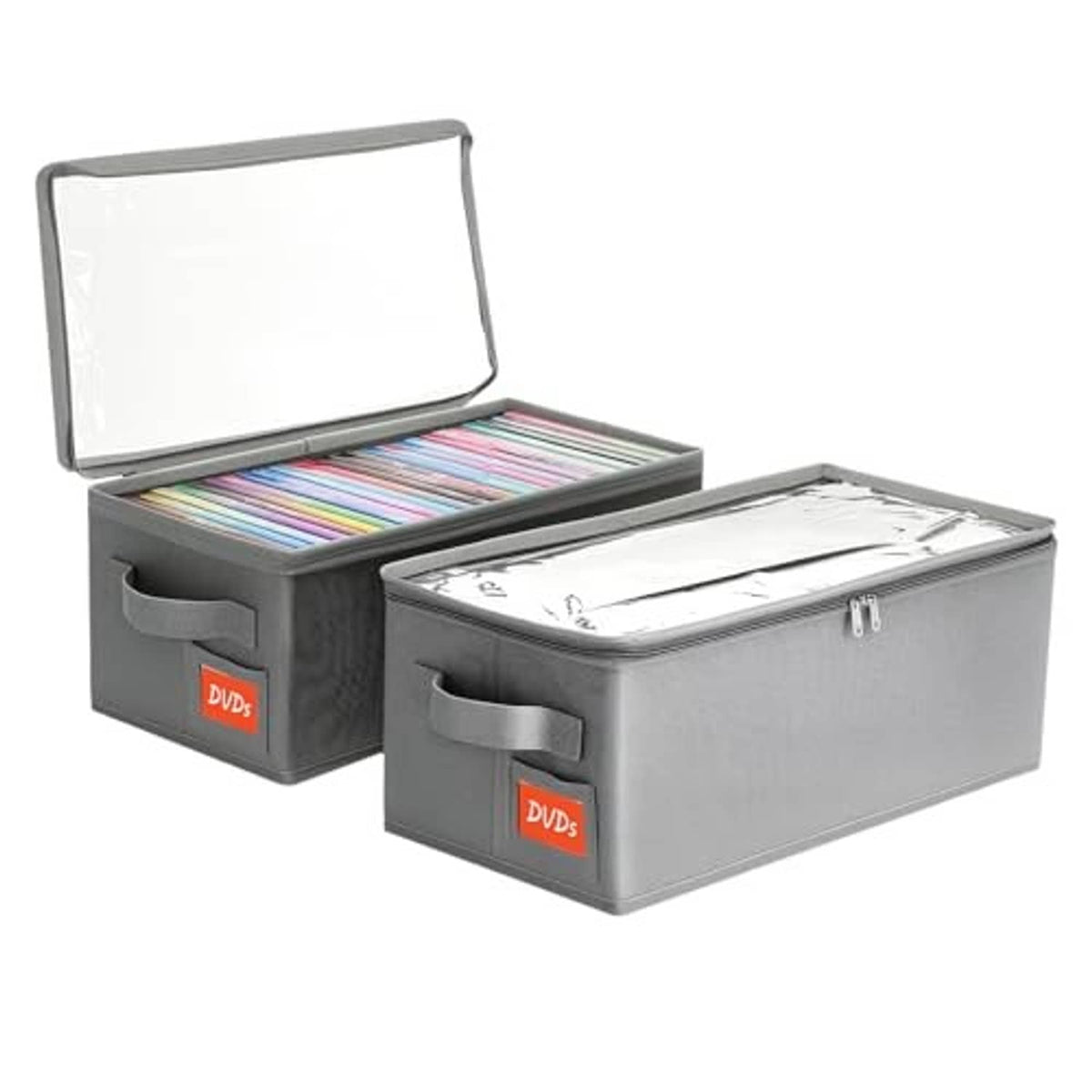 Two gray DVD storage boxes with clear PVC lids, one open showing stacked DVDs