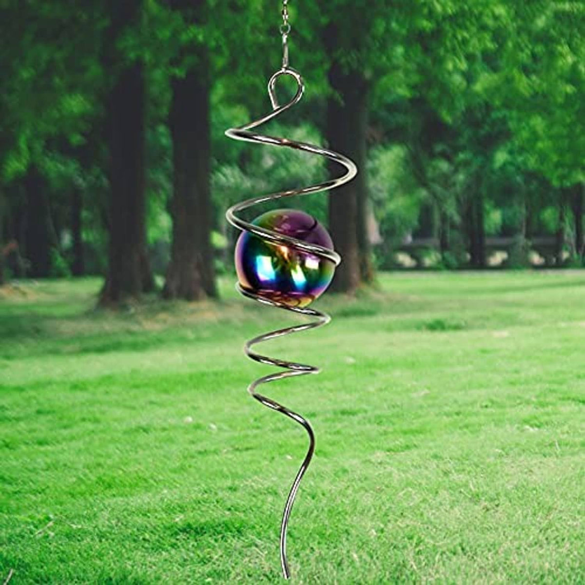 Hanging spiral wind spinner with iridescent rainbow gazing ball and curved metal coil