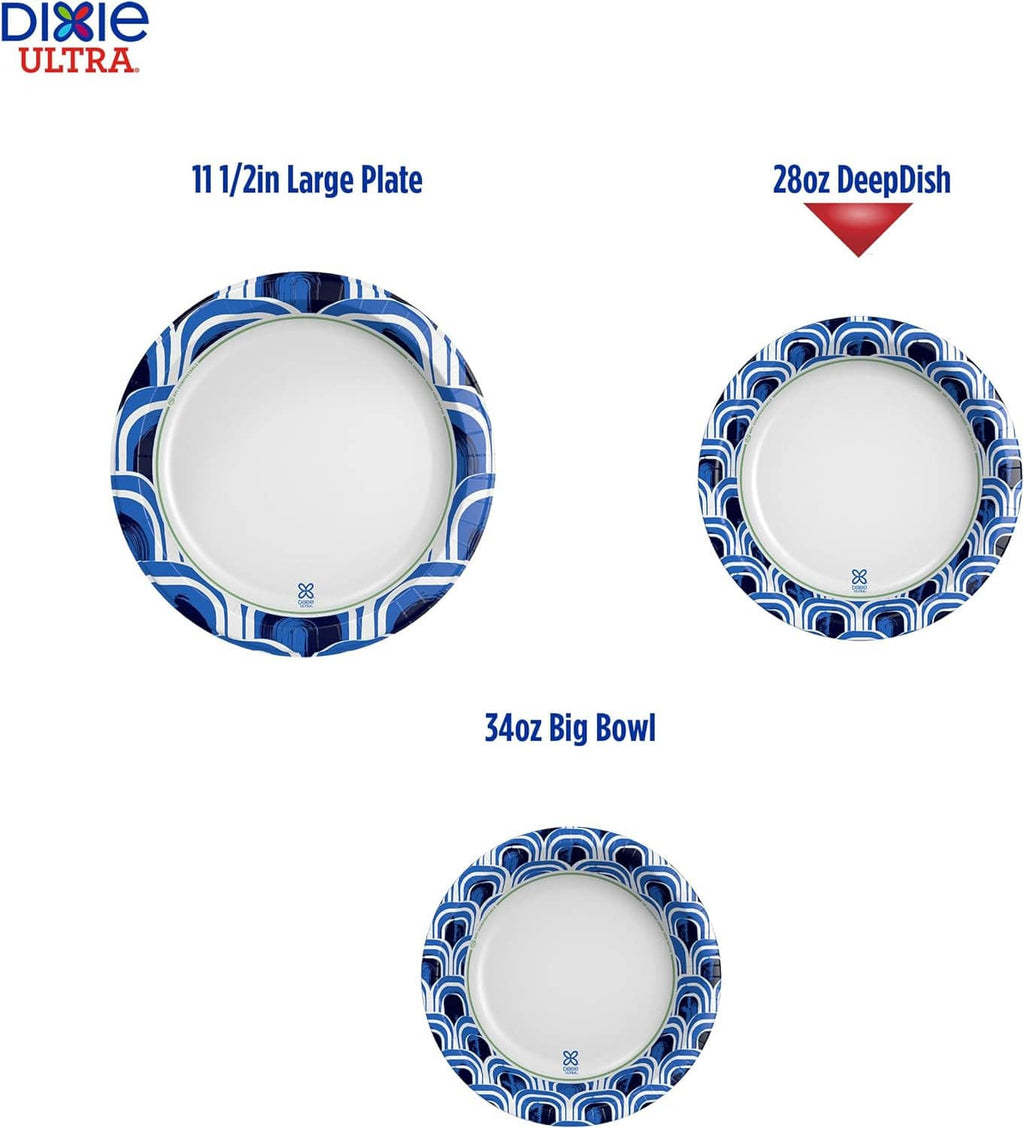 Blue patterned deep dish paper plate, white interior, shown in size comparison