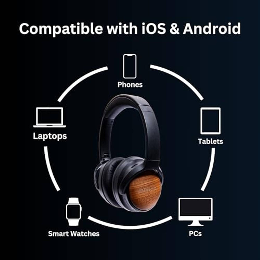Black over-ear headphones with wooden ear cups and soft padded ear cushions