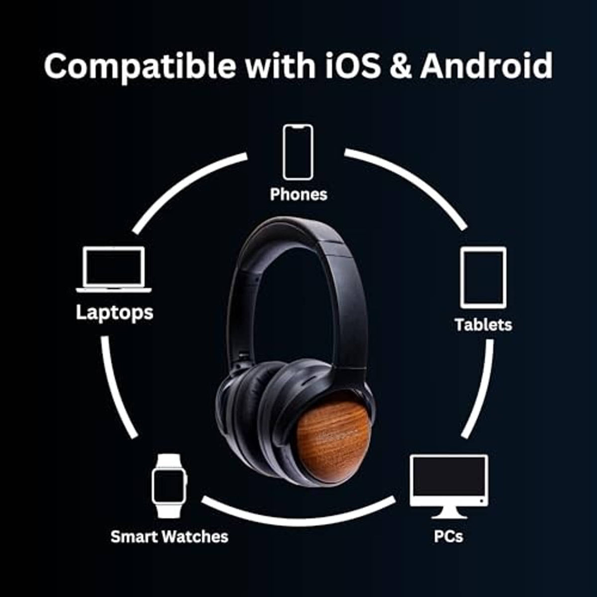 Black over-ear headphones with wooden ear cups and soft padded ear cushions