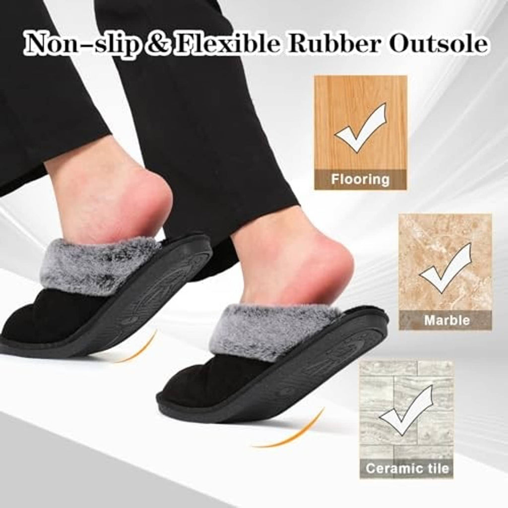Men's black slide slippers with gray top and textured non-slip rubber outsole