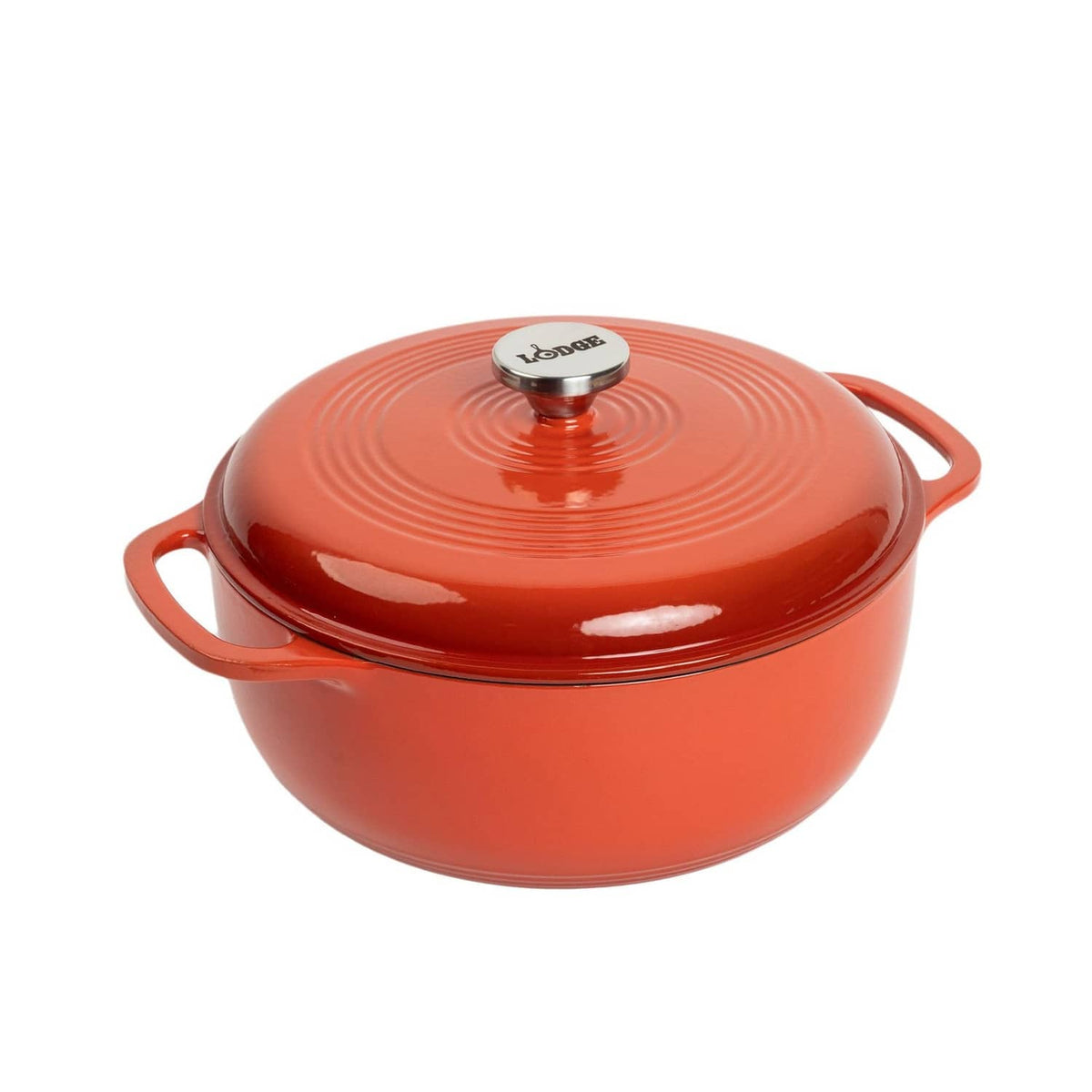 Red enamel cast iron Dutch oven with lid and side handles, round 6-quart pot