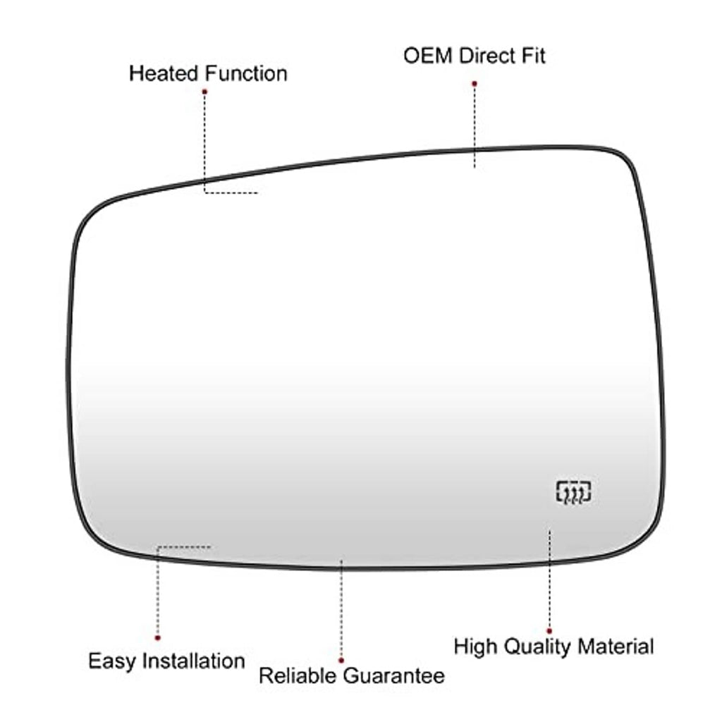 Heated side mirror glass, left driver side, direct-fit outline with defrost icon.