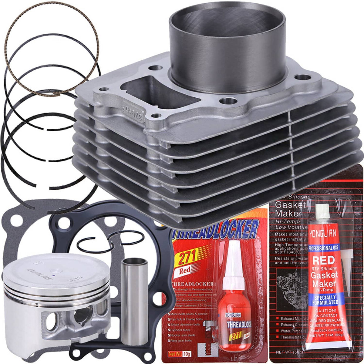 ATV cylinder top end rebuild kit with finned cylinder, piston, and gasket set