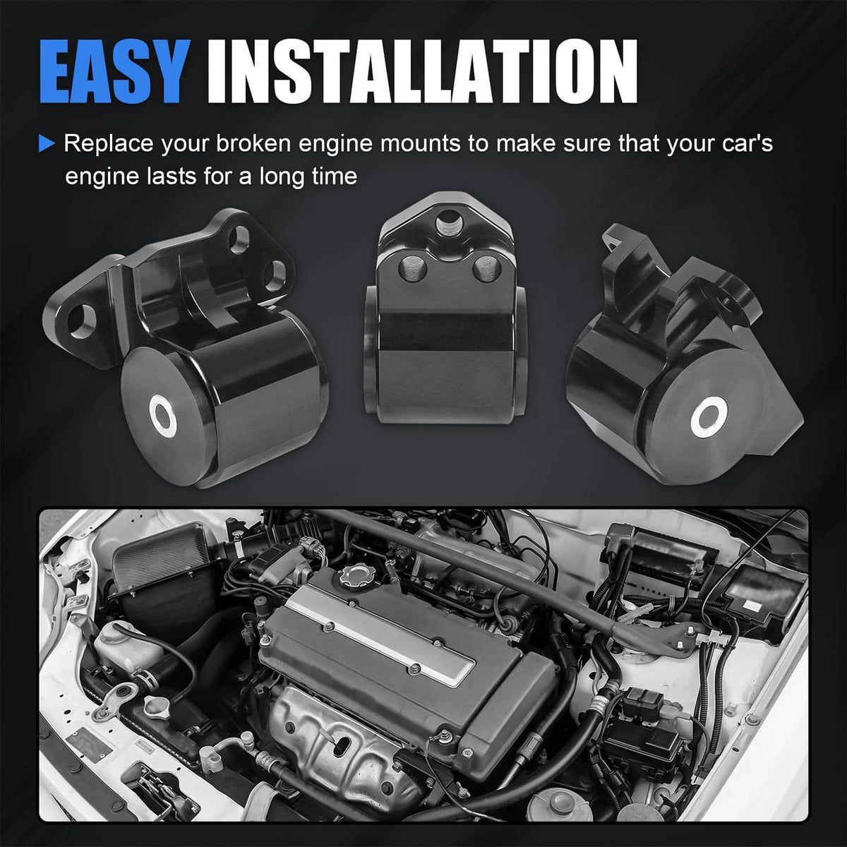Engine motor mount bracket kit with three black mounts, shown for installation