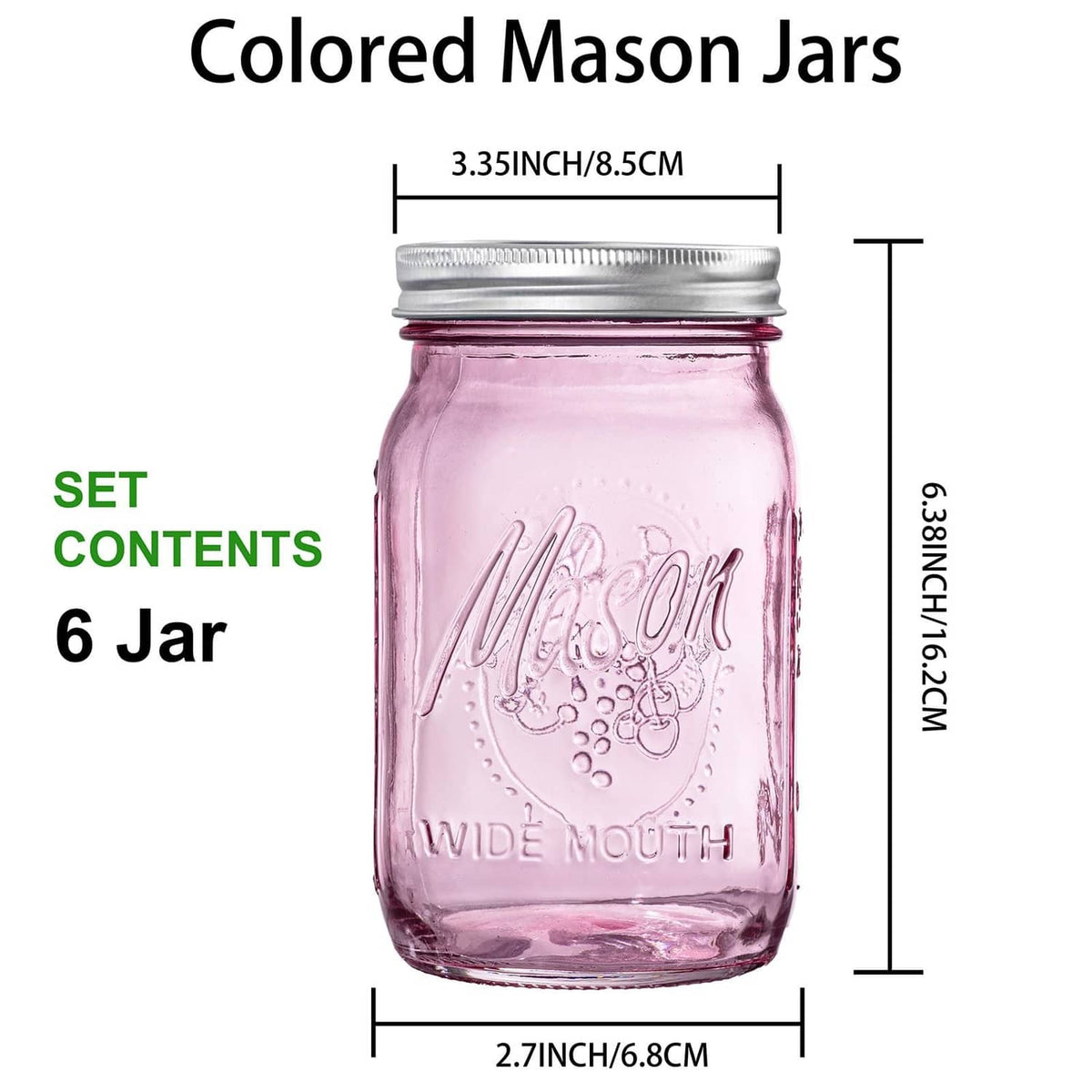 Purple wide-mouth mason jar with metal screw lid and embossed “Mason” pattern.