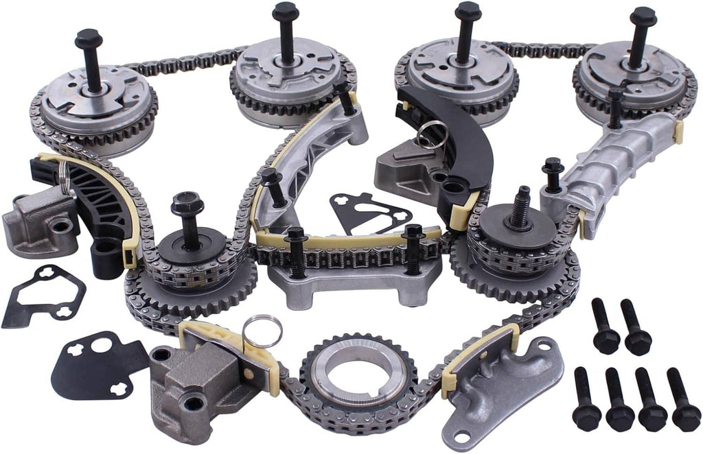 Timing chain kit with linked chain, sprockets, cam phaser, and bolts