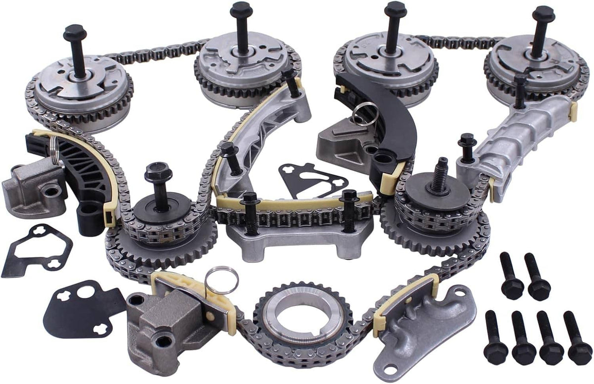 Timing chain kit with linked chain, sprockets, cam phaser, and bolts