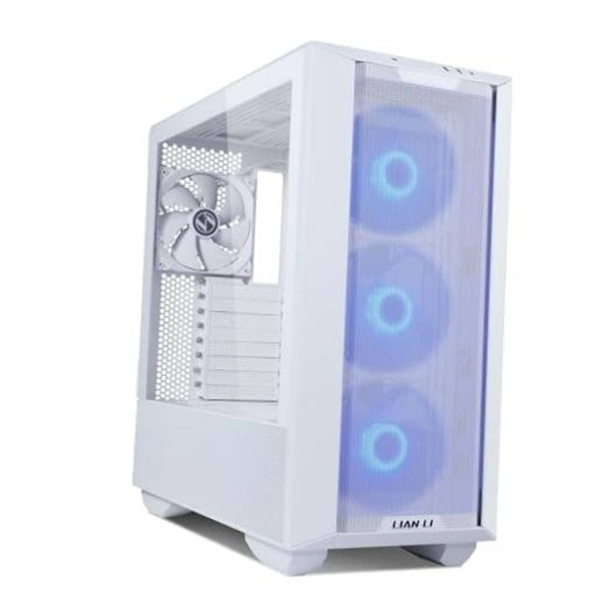 White LANCOOL III E-ATX PC case with RGB fans behind tinted tempered glass side panel