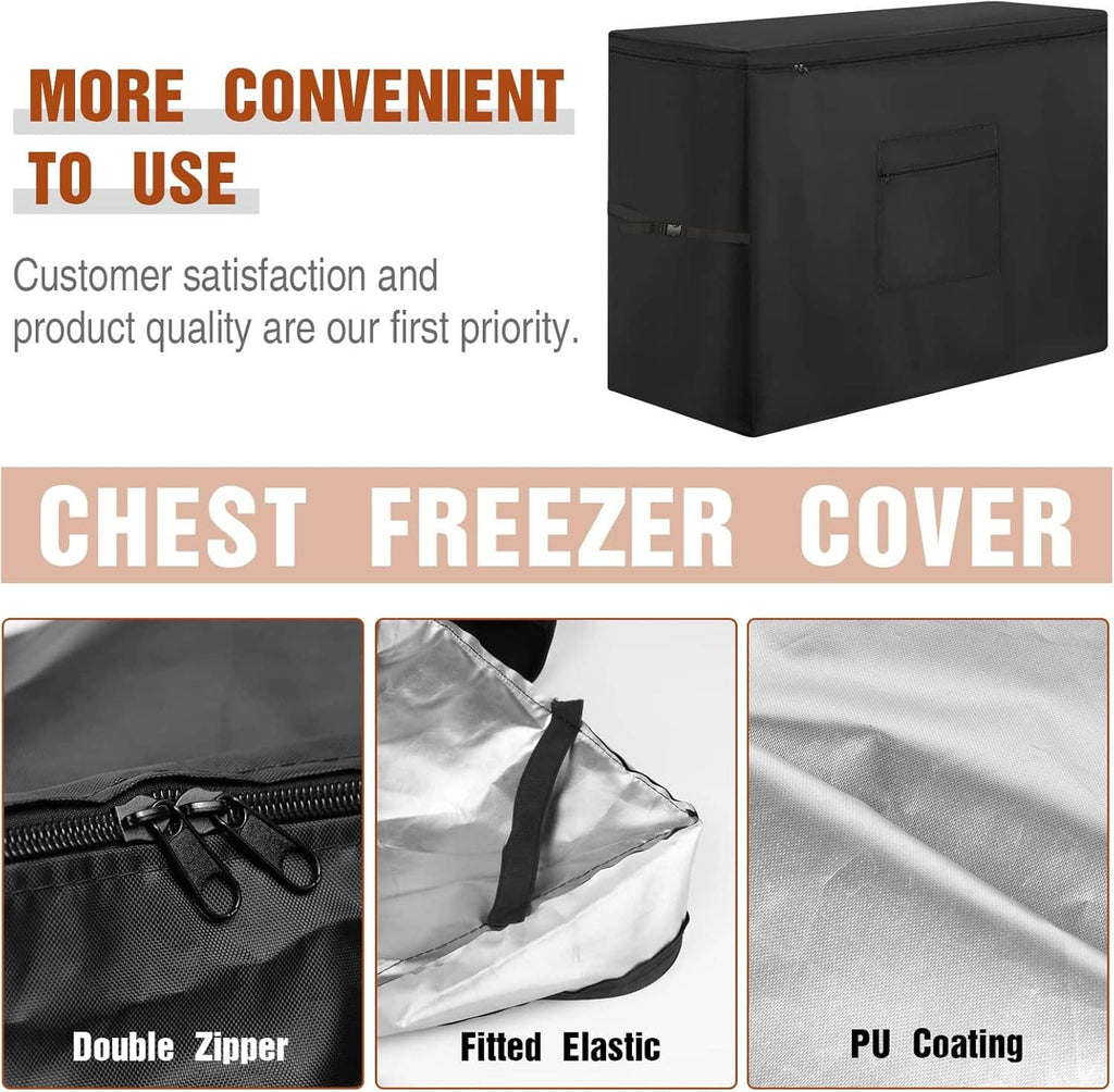 Black chest freezer cover with front zip and storage pocket, protective fitted design.