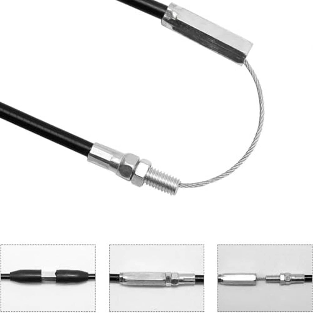 Close-up of black cable with silver ferrules, threaded adjuster section, and braided wire loop