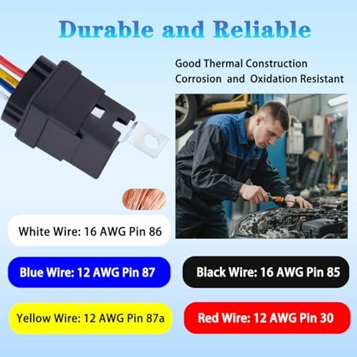Black relay socket and harness with colored leads for vehicle wiring connections