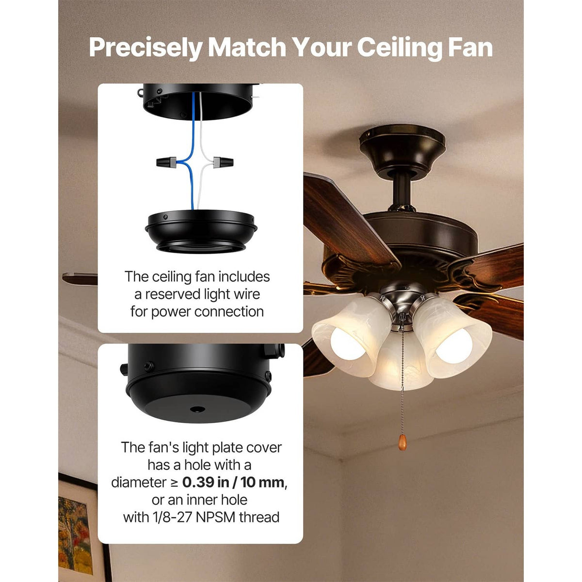3-light ceiling fan light kit showing light plate cover and pull chain operation