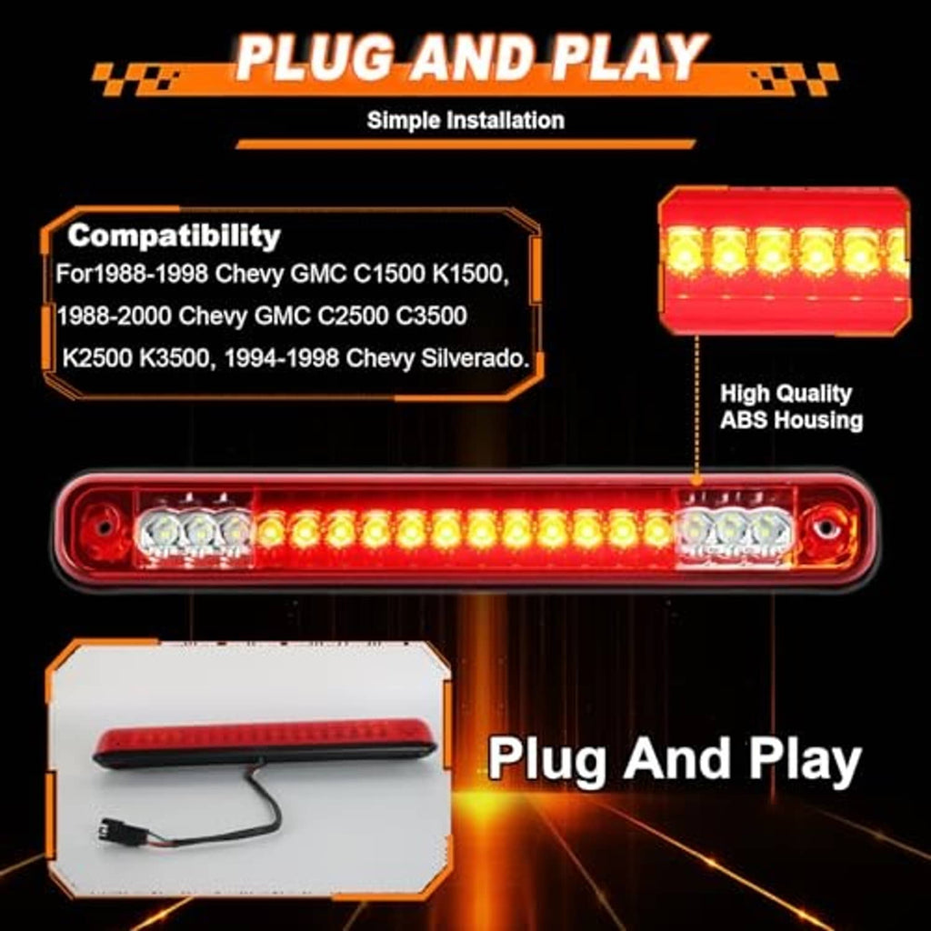 LED third brake light with red outer lens and alternating clear and amber LED segments