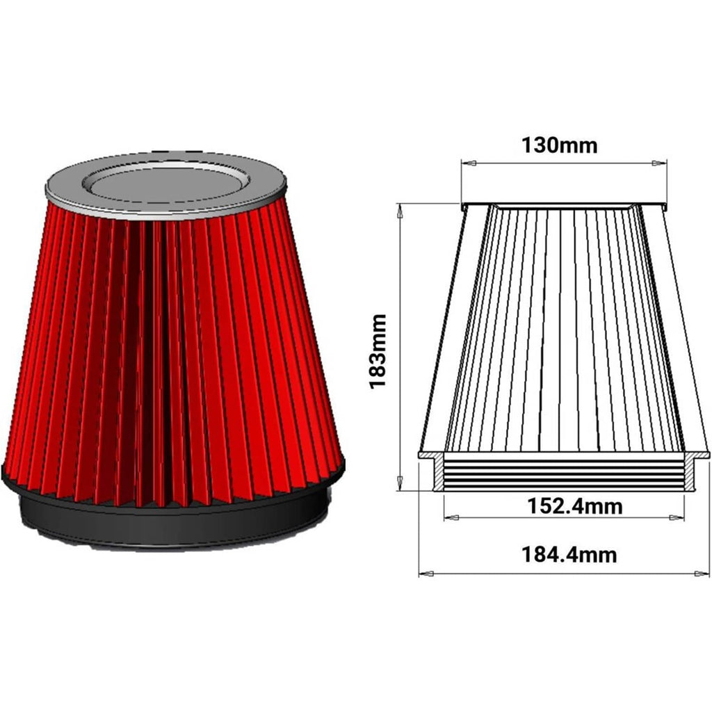 Red pleated air filter cone with black base and heat shield, size diagram