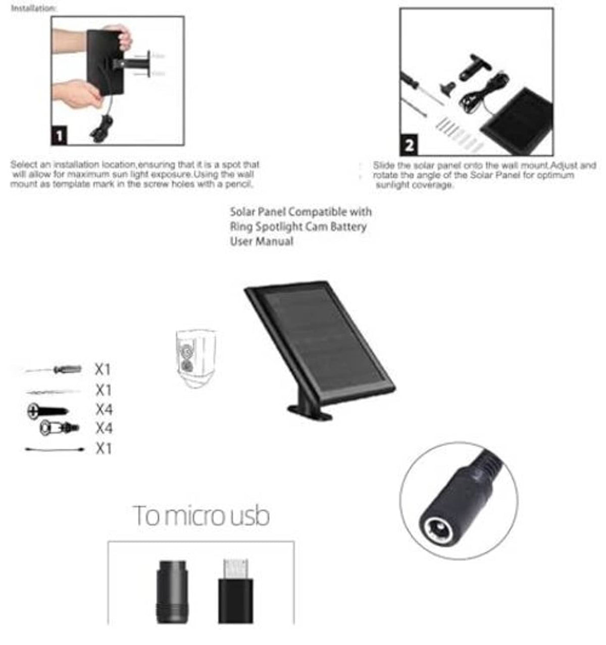 Solar panel installation diagram with wall mount bracket and charging cable