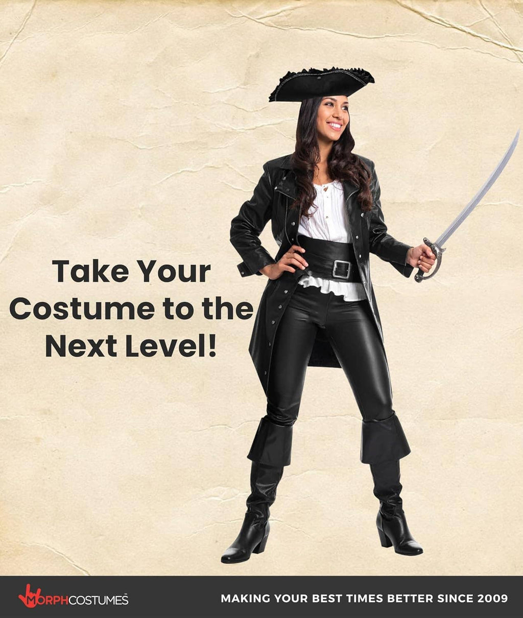 Black pirate tricorn hat worn by a smiling person with a black jacket costume.