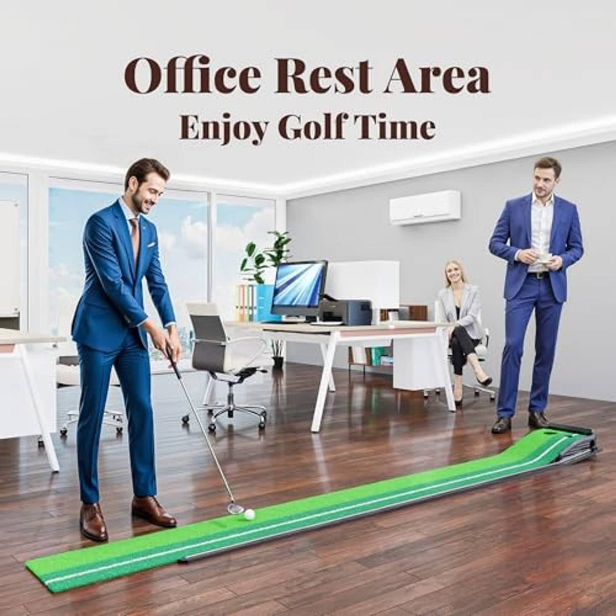 Indoor golf putting mat with green turf, white guide stripe, and black frame