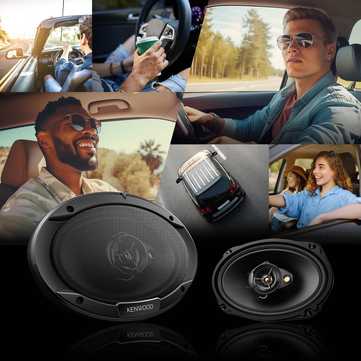 Black 6.5-inch car speaker pair with woofer cones shown over car interior collage
