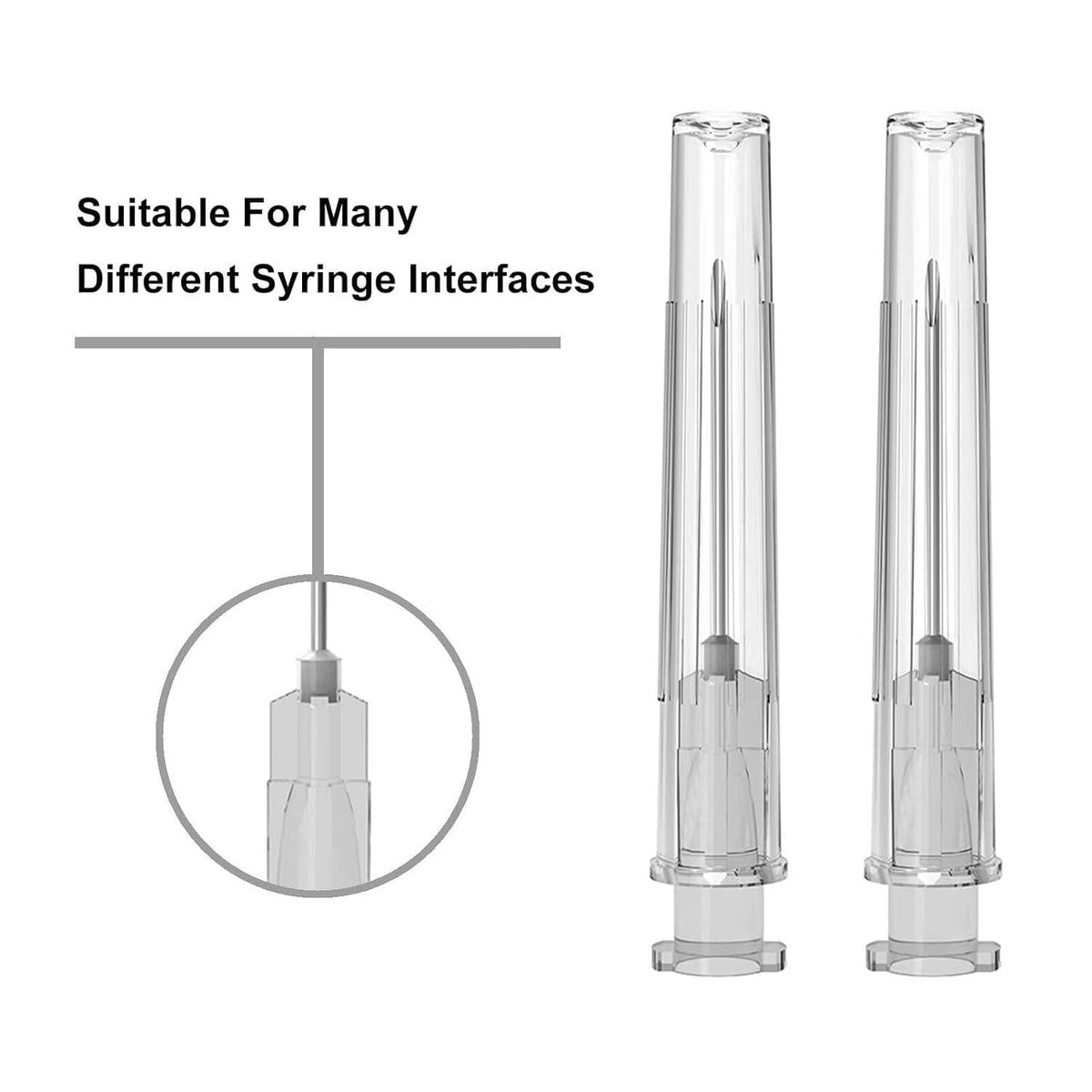 Disposable luer lock needles with clear protective caps for many syringe interfaces