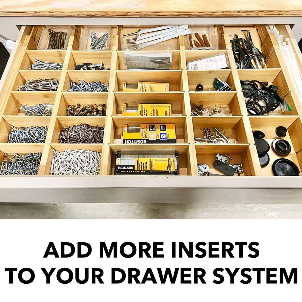 Bamboo drawer divider inserts set inside a drawer organizer with compartment rows