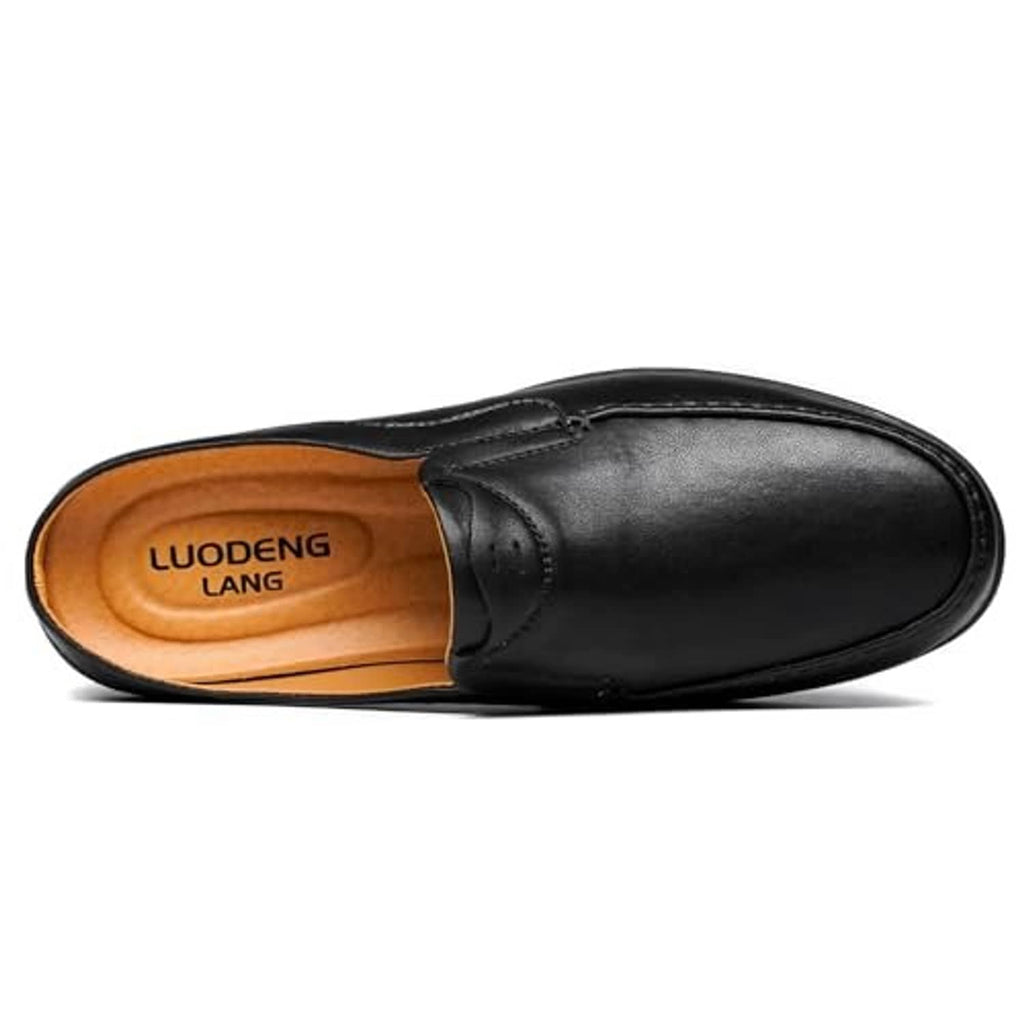 Black men's slip-on loafers, LUODENG LANG tan insole, smooth leather upper