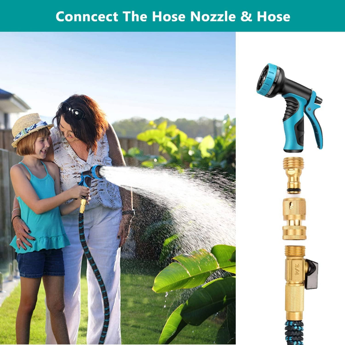 Brass quick garden hose connector attached to a hose nozzle and faucet spout